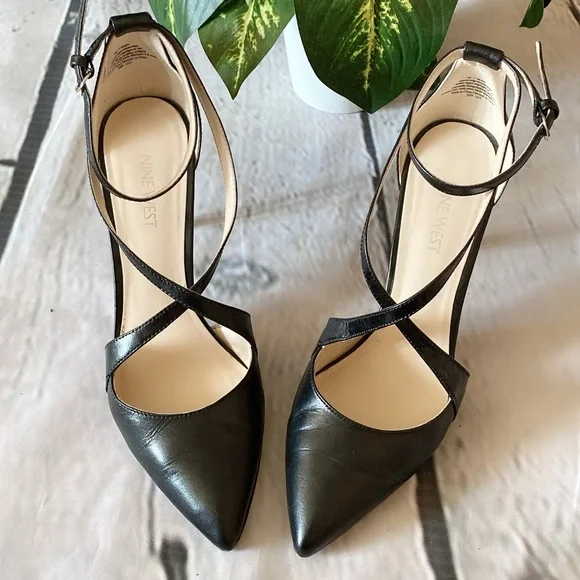 Nine West Shoes Nine West Leather Strappy Heels Black Size